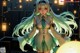 Anime girl with long white hair standing in front of a lamp.