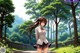 A girl in a school uniform walking down a path in a park.