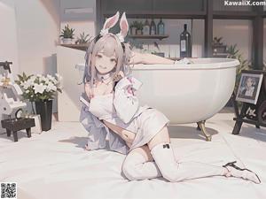 A girl in bunny ears sitting on a bed next to a bathtub.
